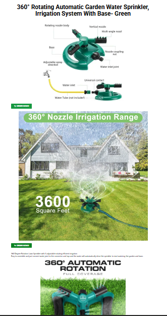 E-commerce landing page for a 360 water sprinkler 